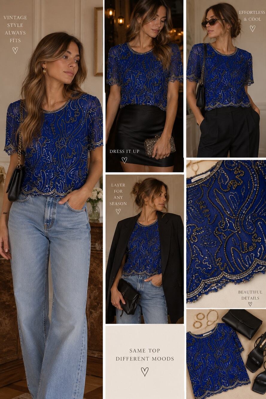 Laurence Kazar Vintage Silk Beaded Sequin Top M Cobalt Blue Art Deco Evening